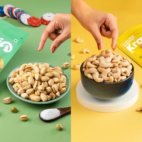 Image of Kravio Premium Roasted Salted Cashew & Pistachio Nuts (2 X 200g) | Zero Cholesterol Natural Whole Kaju & Inshell California Pista Nuts & Dry Fruits | Rich in Protein, Crunchy Delicious Healthy Snacks