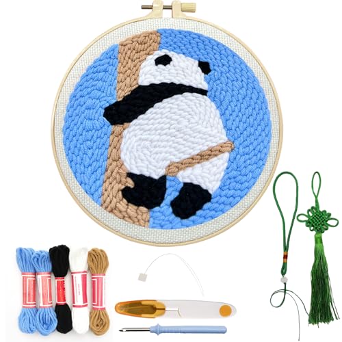 Image of Danvk Panda Punch Embroidery Kit with Embroidery Fabric, Hoop,Scissor,Punch Needle and Yarns, Hand Craft Gift,DIY Embroidery Kits, Hand Punch Needle Kit for Women and Beginners(Panda-Climbing)