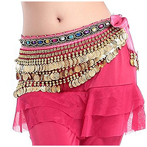 Image of VRITRAZ Women's Chiffon Belly Dance Hip Scarf Waistband Belt Skirt Mixed Colors Beads and Golded Coins 56 Black