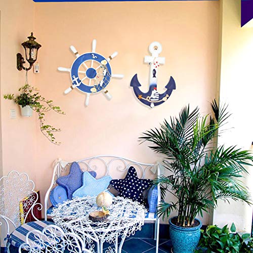 Estart 2 Pack 13” Nautical Decor Beach Wooden Ship Steering Wheel And Anchor With Fishing Net Rope, Nautical Boat Rudder Wall Decoration Door Hanging Ornament, Beach Theme Decor (2) #TOP3