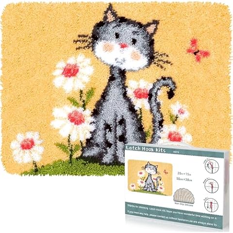 EsLuker.ly Latch Hook Rug Kit DIY Crochet Carpet for Adults Kids Beginners, Cats Patterns Pre-Printed Canvas Yarn Rug Hooking Kits, Creative Craft Home Decor Ideal for Learning Rug Making, Yellow Cover