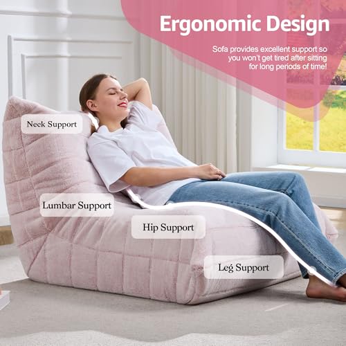 Image of Hobestluk Adults Bean Bag Chair Faux Fur BeanBag Couch for Living Room | Pink Plush,Ergonomic Design,Memory Foam,UltraSoft,Anti-slip Bottom,No Assembly Required,Decorative Style for Living Room