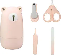 Kit Cortador de Unhas para Bebê com Tesoura Pinça Lixa Estojo de Urso e Design Seguro Portátil (Rosa)