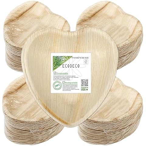 ECODECO Palm Leaf Compostable Plates - 100 pcs - Heart Plate - Disposable Eco Friendly Like Bamboo Party Plates - 6.5 Inch Cover