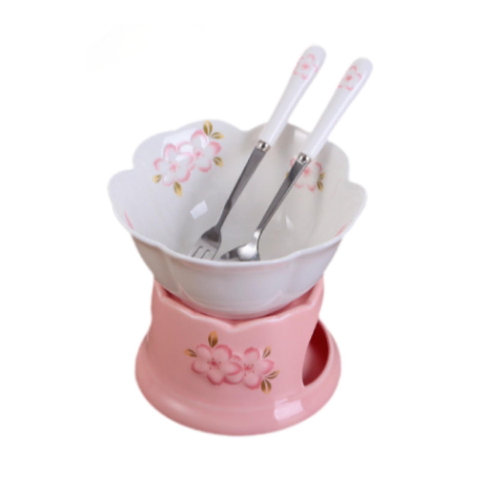 Qianly Chocolate Fondue Pot Fondue Pot Set with Fork and Spoon 300ml Dining Porcelain Melting Pot Cheese Fondue Pot for Engagement, Pink Pot, White Bowl