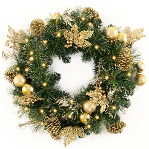 COSTWAY 60cm künstlicher Weihnachtskranz, Tannenkranz beleuchtet,...