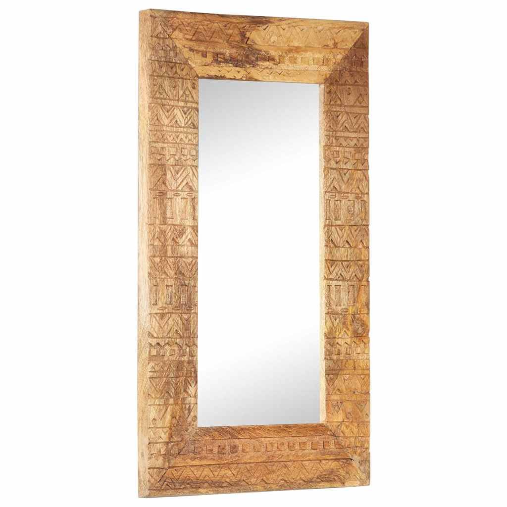Ręcznie rzeźbione lustro ścienne 80 x 50 x 2,5 cm z litego drewna mango, dekoracyjne lustro drewniane z unikalnym rysunkiem słojów i ręcznie rzeźbionym wzorem, trwałe i wytrzymałe