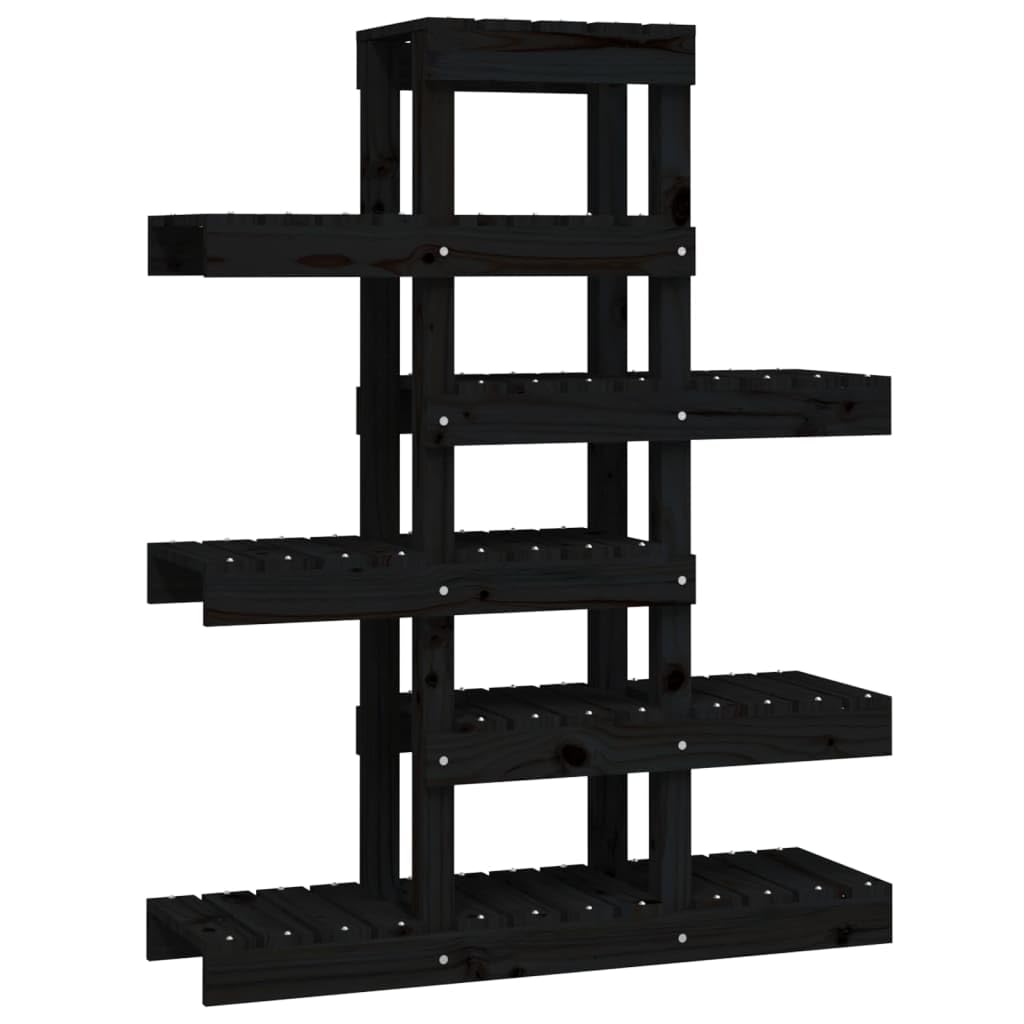 Stojak na rośliny, czarny, 85 x 25 x 109,5 cm, lite drewno sosnowe | Stabilna drewniana rama, wiele półek, do salonu, na taras i do ogrodu, z uchwytem ściennym