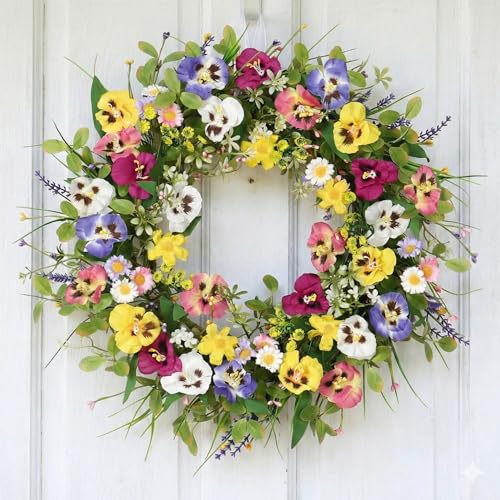 UZEXYO Spring Wreath for Front Door 18 Inch Colorful Pansy Flower Wreath for Summer Easter Decor Outdoor Artificial Floral Decoration for Wall