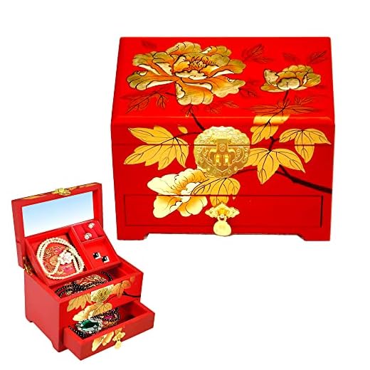 Chinese jewelry box wood jewelry box chinese culture gift, pearl beaded vintage Chest lacquer storage box Antique Mirror Trinket Keepsake with Peony for women,aesthetic Japanese