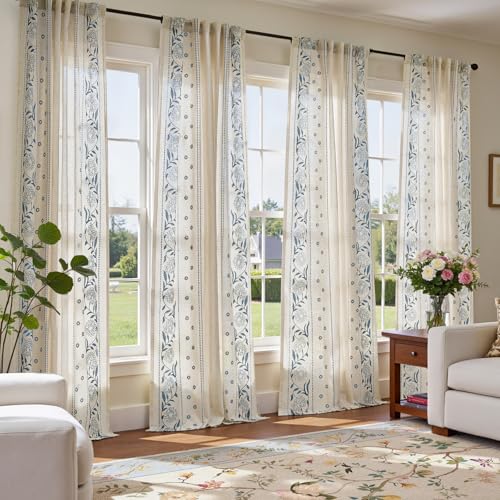 Image of jinchan Blue Floral Linen Curtains for Living Room 96 inch Back Tab 4 Panels