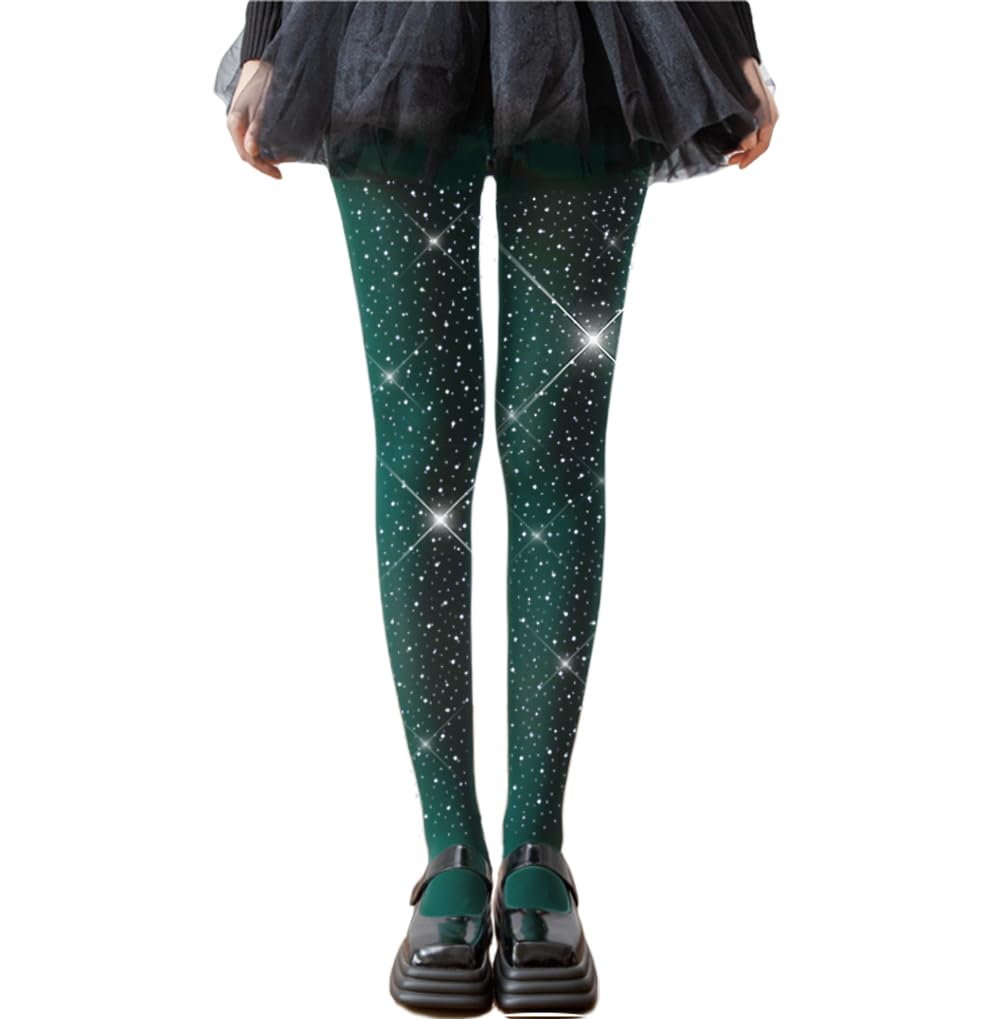 LUCKELF Glitter Tights for Girls, Soft, Opaque, Sparkling, Rhinestone, School Dress, Dance Tights, dark green, 8-14 Jahre