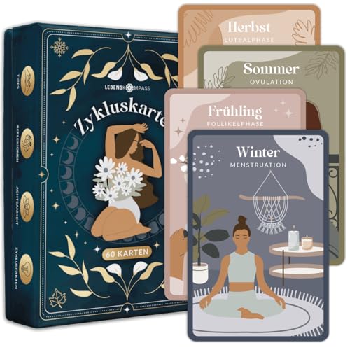LEBENSKOMPASS 60 Zykluskarten - Achtsamkeit & Selbstliebe: Übungen und Affirmationen für den weiblichen Zyklus, inklusive Wissens-Booklet -