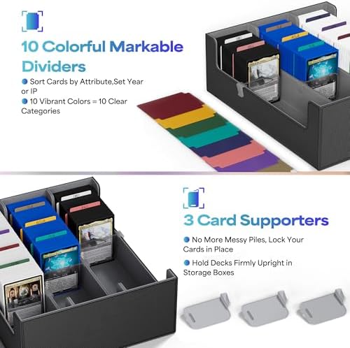 UAONO Trading Card Storage Box, Holds 1800+ Sleeved Cards with 10 Dividers & 3 Stoppers, Card Organizer for TCG/Magic/Mtg storage and Collection, 3-Row Black&Gray - 3