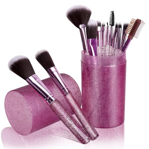 Glamzone Travel Makeup Brushes Set with Case, 12pcs Professional Make Up Brush for Foundation Blush Powder Eyeshadow Blush Eyebrow Lip Etc. Portable Storage Box, Best Gift Kit (Glitter Pink)