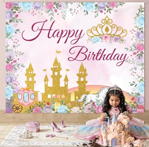 Image of Party Propz Princess Theme Birthday Decoration Items for Girls, 2pcs Backdrop 5x4 ft with Ribbon, Princess Decoration for Birthday Girls, Bday Decorations Kit & Items for Baby Girl (Cloth Banner)
