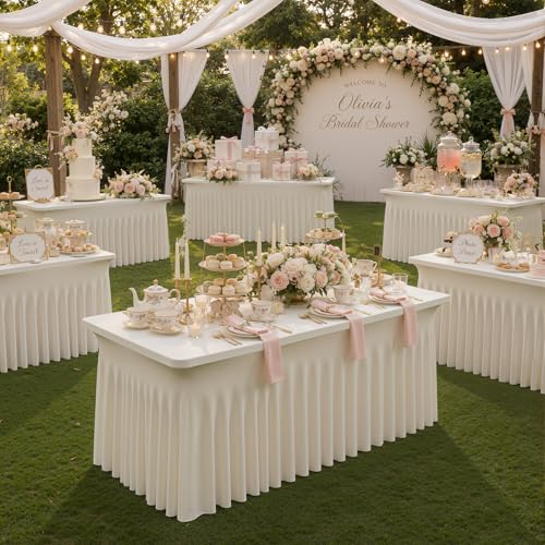 Image of Outpain Beige Spandex Table Clothes for 6 Foot Rectangle Tables-2Pack 6FT Spandex Fitted Table Cover, Wrinkle Free Tablecloths with Skirt for Parties, Wedding, Birthday, Banquet, Festival