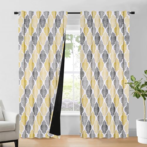 Beauoop Back Tab 100% Blackout Window Curtain Panels Moroccan Geo Print Room Darkening Thermal Insulated Energy Saving Drapes Quatrefoil Window Treatment Set, 50 by 84 Inch, Yellow/Gray (2 Panels)