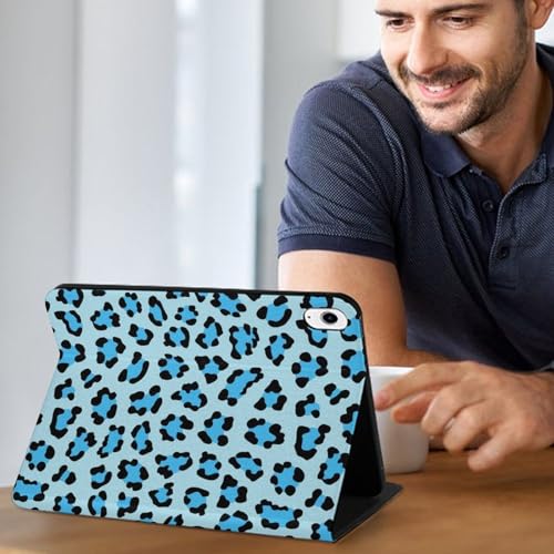 Étui iPad 10e génération léopard bleu pour travailler au café