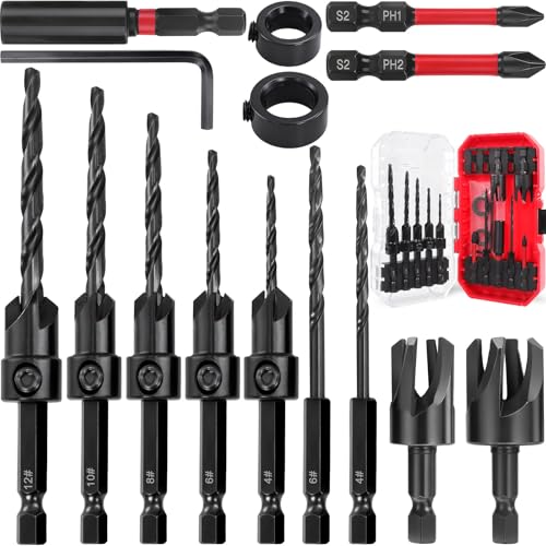 Doaho 15 Pcs Countersink Drill Bit Set,Tapered Counter Sink Bits with 1/4" Hex Shank,Quick Change Wood Plug Cutter for Woodworking,Pilot Hole Drilling in Wood & Metal - Storage Case