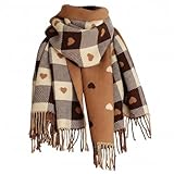 Bufanda linda cálida de doble cara con estampado de corazón, bufanda a cuadros marrón, bufandas largas gruesas de invierno para mujer, 71x26 pulgadas