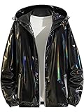 Lars Amadeus Metallic Jacket for Men's Solid Zipper Sparkle Shiny Holographic Hooded Windbreaker Medium Black