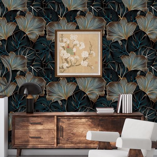 Tropical Leaf Wallpaper Peel and Stick Self Adhesive Dark Black Blue Gold Watercolor Vivid Whimsical Botanical Leaf Contact Paper Removable Waterproof for Bedroom Renter friendly 17.71"x118.1" — view 5