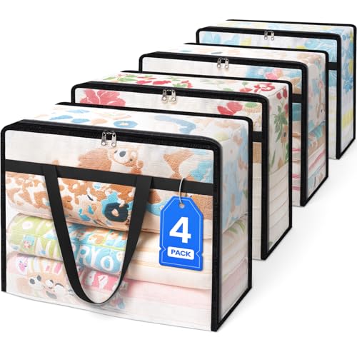 BlissTotes 4 Pack Clear Clothes Storage Bags, Moving Bags, Foldable Blanket Storage Under Bed Storage Containers with Sturdy Zipper and Handle for Clothing, Comforter, Bedding, Sheet (60L)