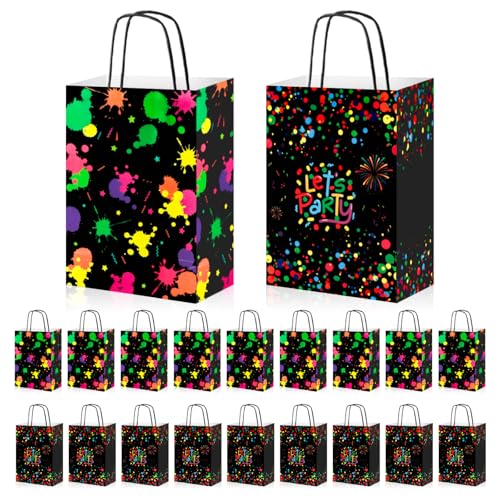 FINEASY 20 Pcs Neon Party Bags, Glow Party Favor Bags, Paper Party Bags with Handles, Glow in the Dark Party Supplies for Birthdays, Weddings, and Neon-Themed Parties
