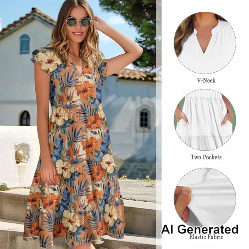 Image of Womens Summer Dress Ruffle Sleeve V Neck Dress Casual Fit Flowy Beach Vacation Sundress with Pocket S-2XL