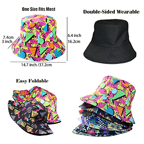6 Pack Retro 80S 90S Bucket Hats For Men Women, Funny Retro Party Hats, Vintage Print Fisherman Hats For Disco Hip Hop Party, Unisex Reversible Portable Hat Outdoor Fashion Sun Cap #TOP1