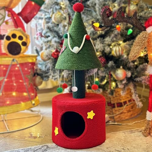YITAHOME Cat Scratching Post with Cat House for Indoor Kitten, 32" Small Cat Tree Tower with Large Sisal, Cute Hanging Ball, Green Sisal Cat Scratcher