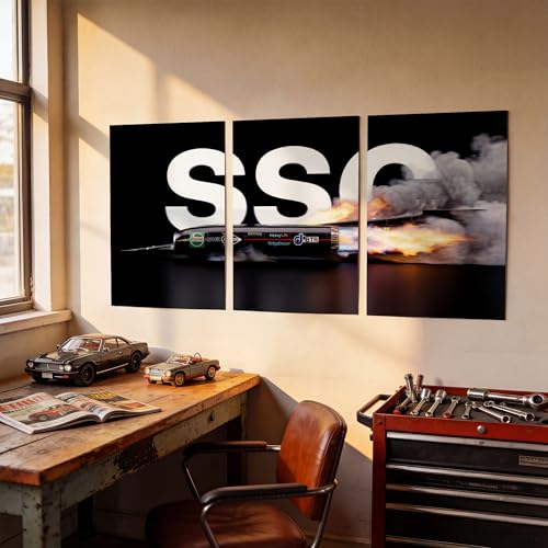 Image of SoulAbiti 3-Piece Thrust SSC Wall Art World Land Speed Record Jet Car Printed Poster- Large Engineering Triptych Posters - Racing Decor for Room, Office & Garage