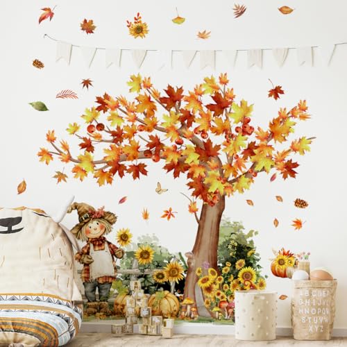 MIrabuy Large Fall Harvest Wall Decals, Autumn Tree with Sunflowers Scarecrow Pumpkin Wall Stickers for Living Room Bedroom Thanksgiving Wall Decor, 61x43 inches