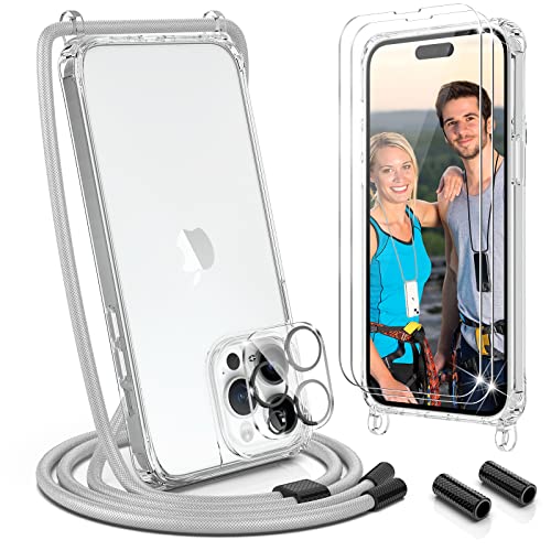 UYMO Funda con Cuerda para iPhone 14 Pro MAX, Ajustable Collar Correa de Carcasa con Cordón, con 2 Protector de Pantalla y Protector de Cámara,TPU Case con Colgante Correa de Cuello Cadena, Gris Cover