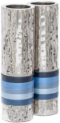 Yair Emanuel Hammered Nickel Candlestick Holders with Blue Rings for Shabbat or Yom Tov (CSO-2)