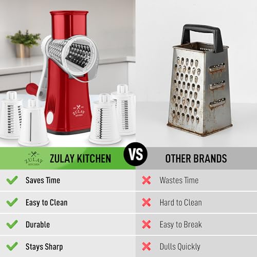 Image of Zulay Kitchen Rotary Cheese Grater 5 Blade Cheese Shredder - Manual Hand Crank Cheese Grater With Reinforced Suction & 5 Interchangeable Drums - Easy to Use, Vegetable Chopper Round Mandoline Slicer