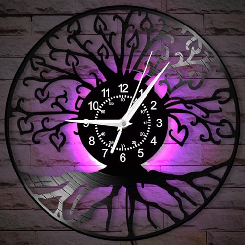 Tree of Life Clock Wall Decor, 7 Colors LED Lighted 12 Inch Night Light Wall Lamp Clock, Silent Quartz Non Ticking Modern Decorative Vinyl Record Wall Clock Watch for Living Room Bedroom