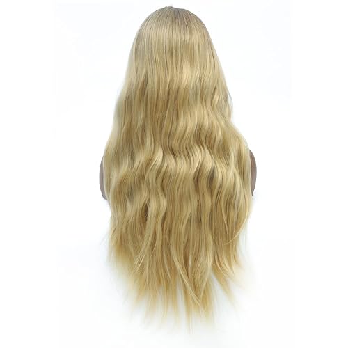 Miniatura 5 de Peluca sintética rubia ombré larga, ondulada en el medio, línea de cabello natural, raíces oscuras, pelucas rubias para mujeres, resistente al