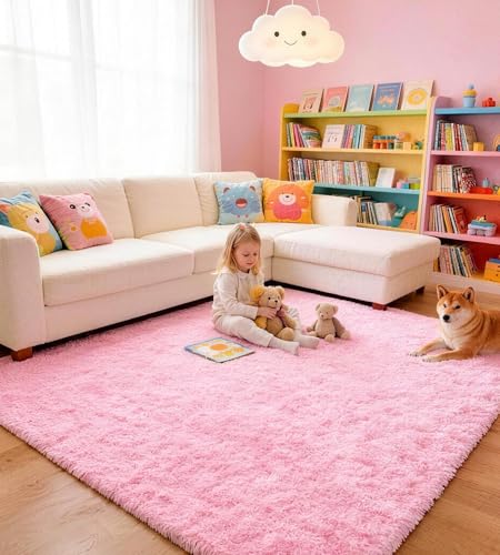 VOFUSHON Tapis Salon 120 X 160 CM Rose Tapis Chambre Fille Lavable Antidérapant Ultra-Doux Moelleux Grand Tapis