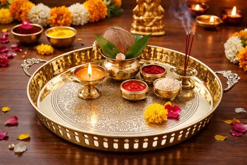 Image of Mkd2 Rise Handmade Embossed Pure Brass Puja Thali with Handle, 12 Inch Round Pooja Plate (Gold, 1 Piece) for Home Temple, Mandir, Office, Festival, Wedding, Diwali Gift