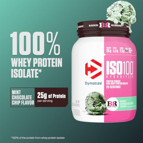 Image of Dymatize ISO100 Protein Powder, 100% Whey Isolate, Mint Chocolate Chip | 25g Protein, Hydrolyzed, Fast-Absorbing, Supports Muscle Health, 5.5g BCAAs, Gluten-Free, 20 Servings, 1.4 lb