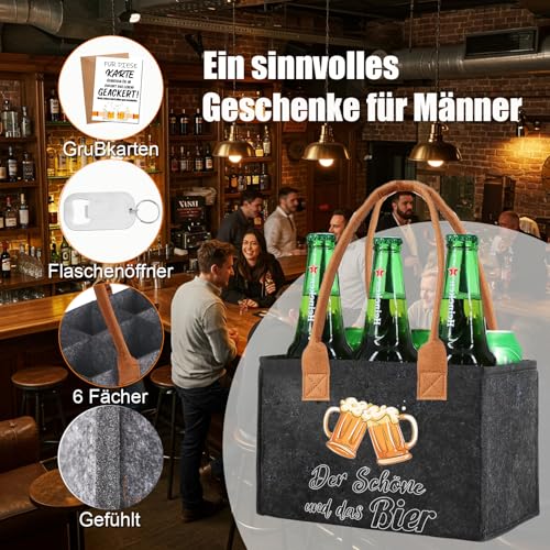 Männerhandtasche Bier mit Flaschenöffner und Grußkarten–Biertasche aus hochwertigem Filz für 6 Bierflaschen–Witzige Geschenk für Kollegen, Freunde & Männer, Ruhestand Geschenk