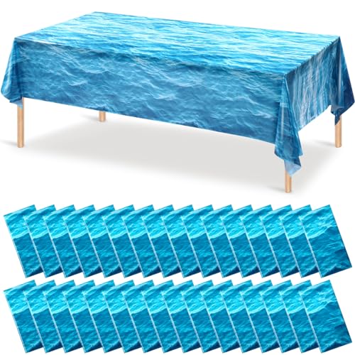 Image of Irenare 32 Pieces Ocean Plastic Tablecloth 54 x 108 Inch Blue