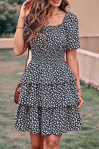 Image of PRETTYGARDEN Women's Summer Floral Ruffle Short Dress | Short Sleeve Square Neck, Flowy Tiered Hem, Fit and Flare, Flower Boho Dresses, Cute Beach Vacation Outfits, Fashion Clothing