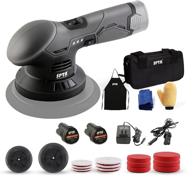 SPTA Cordless Car Buffer Polisher, Polisher with 2Pcs 12V Lithium Rechargeable Battery Brushless Polisher with Variable Speed, Portable Polisher with Polishing Pads Kit For Waxing