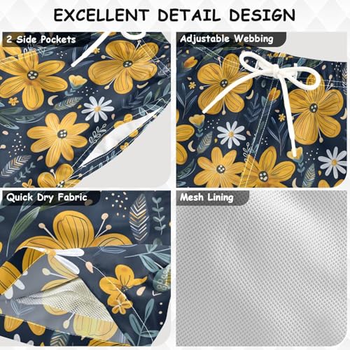 Boys Swim Trunks Quick Dry UPF 50+ Beach Board Shorts Kids Bathing Suits Swimsuit 2T Yellow Flowers and Green Leaves3