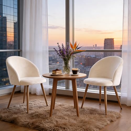 Beige velvet mid-century dining chair with wooden legs — the 16 in width that lets it sit beside a bed