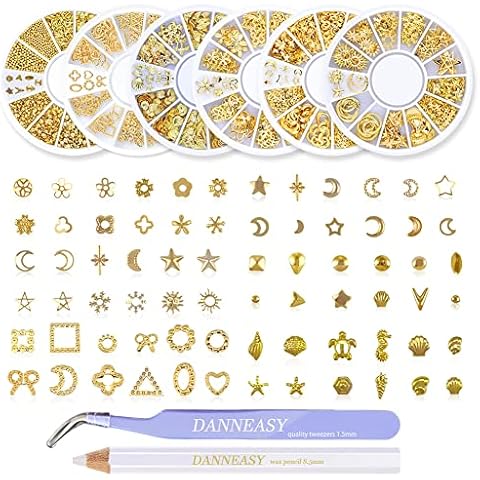 DANNEASY Gold Nail Studs Metal Nail Charms 3d Nail Art Charms Manicure Decoration Kit Star Moon Shell Cross Flower Nail Jewels with 1pc Curved Tweezers, Wax Pen (6 Wheels) Cover