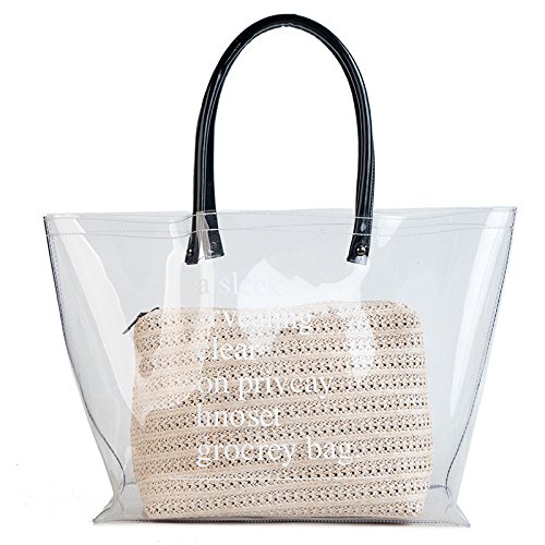 Onemoret 2018u00a0d'été Grand sac de plage pour femme en PVC transparent Top-handle Sac Tote Lady Plastique de voyage Grand sac à main Paille Sacs à main Lot de 2 BI